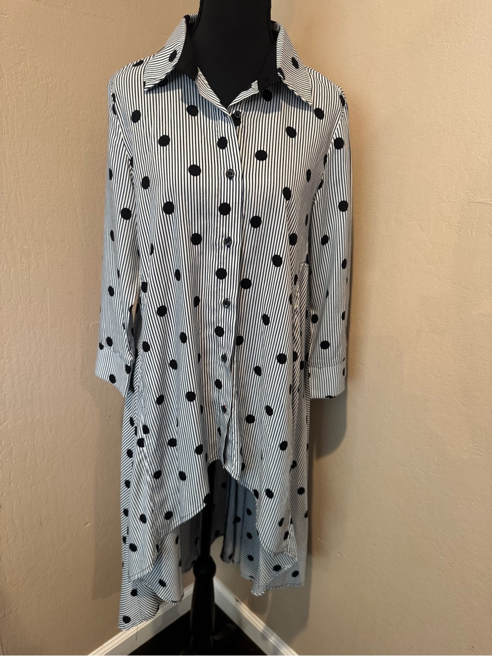 Patrizia Luca Navy Pinstripe High/Low Shirt with Black Polka Dots